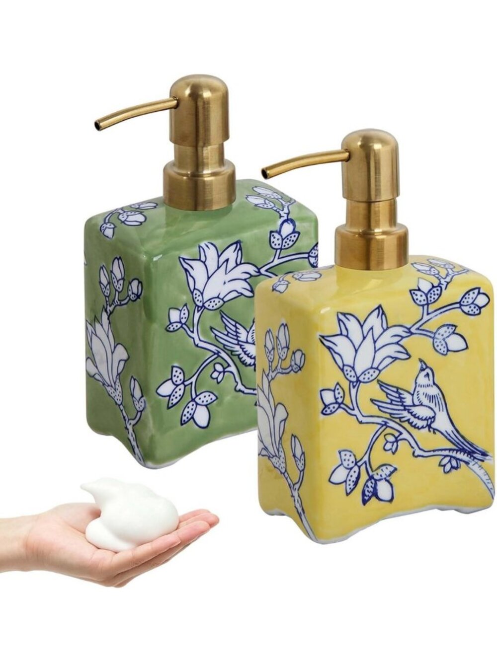 Chic 2-Pack Ceramic Soap Dispenser Set with Gold Pumps, Floral Pattern, 12.9oz
